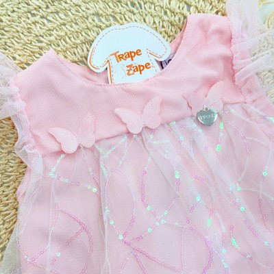 Vestido em Tule com Paetê e Borboletas - Rosa Bebê